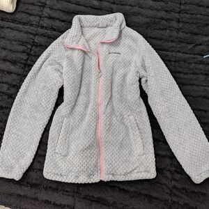 Columbia Kids Light Gray Fleece Jacket with Pink Trim